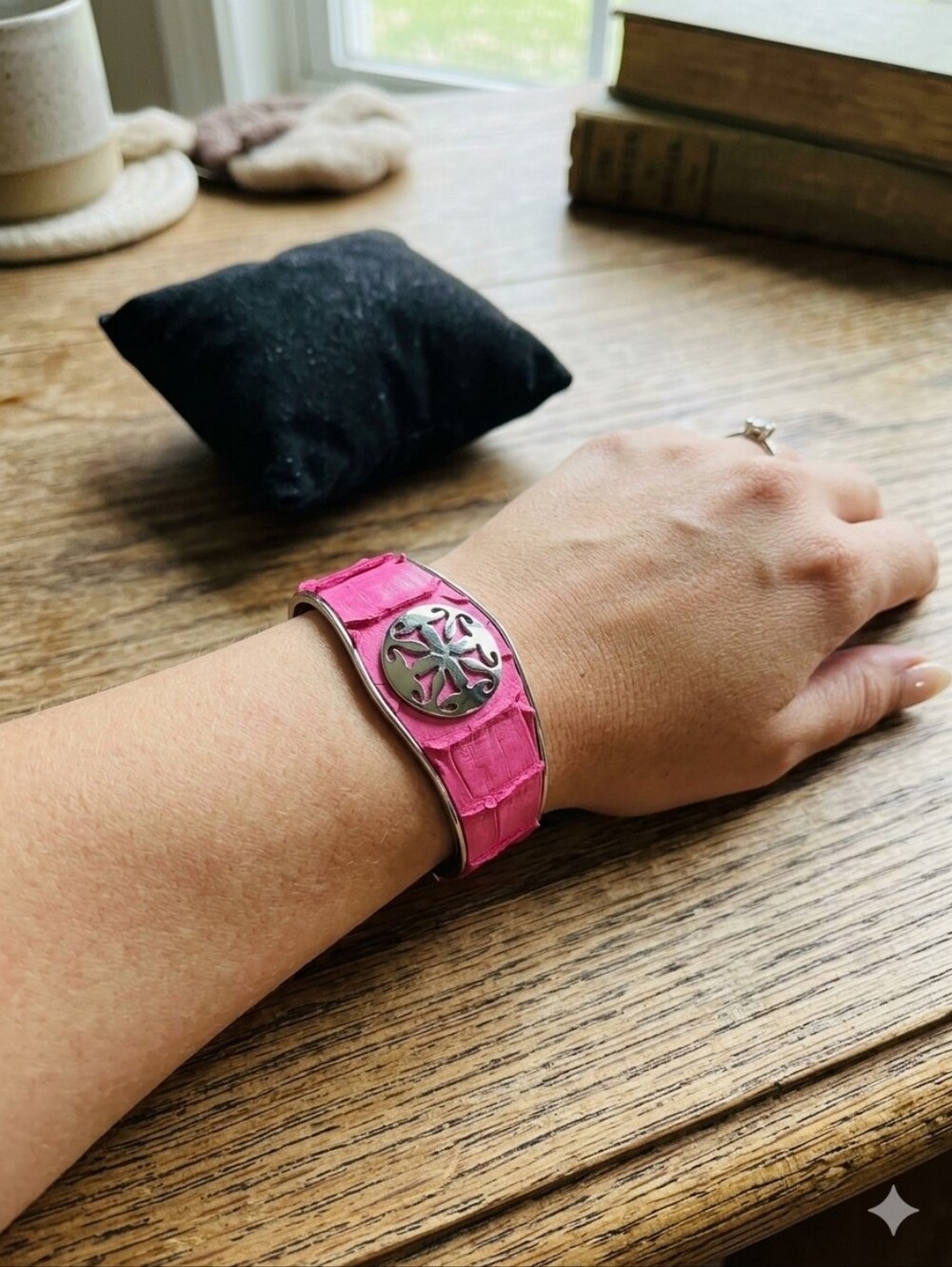 Rustic Cuff Monique Pink Python Leather Cuff Bracelet Silver Cross Medallion